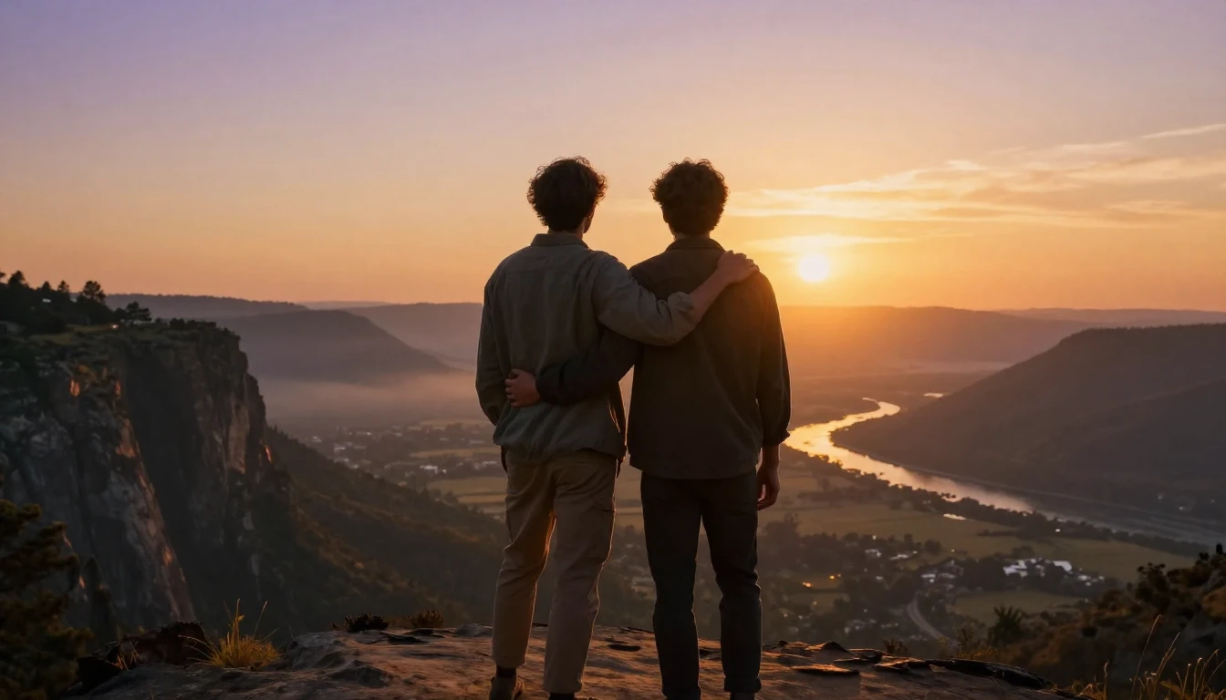 Two best friends standing on a high cliff overlooking a vast...