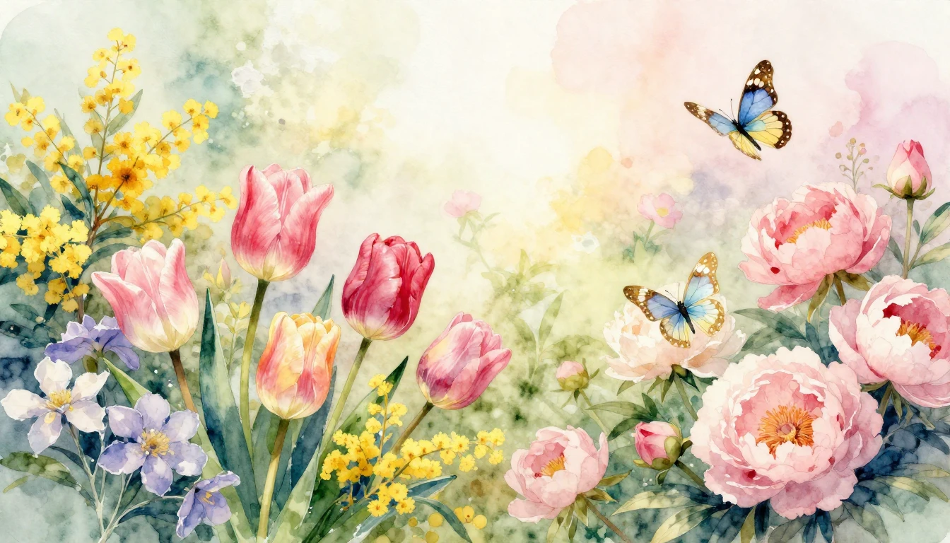 A delicate and vibrant watercolor illustration of a lush spr...