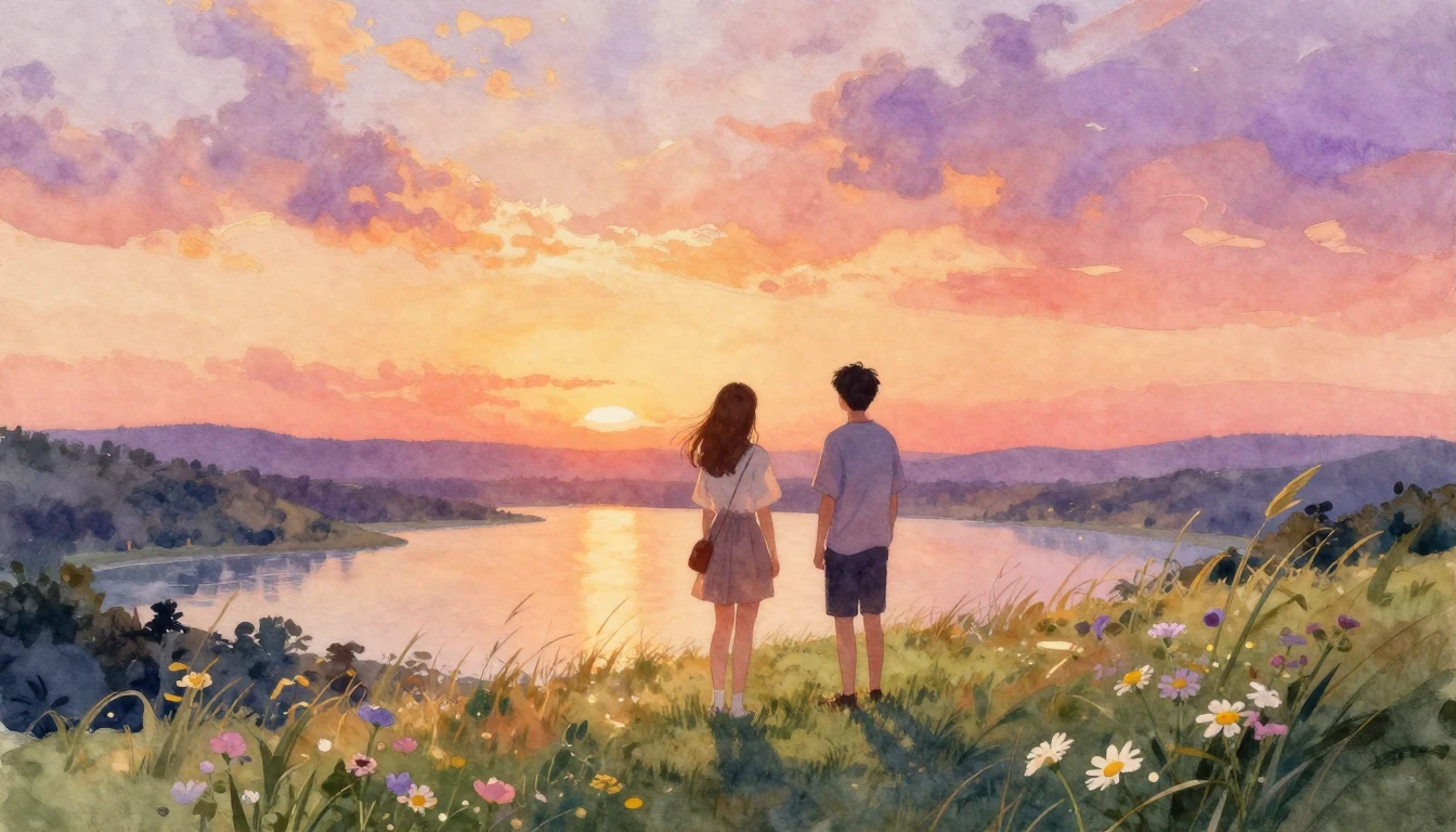 A serene watercolor painting of two friends standing on a hi...