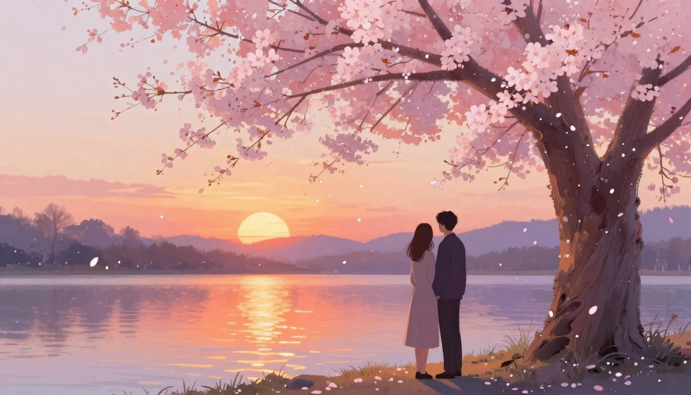 A romantic and ethereal illustration of two silhouettes stan...