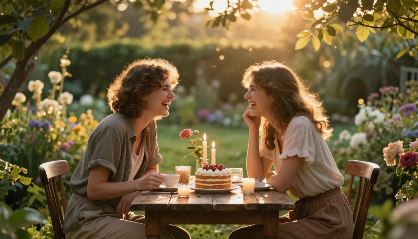 A heartwarming scene of two close friends sharing a joyful m...