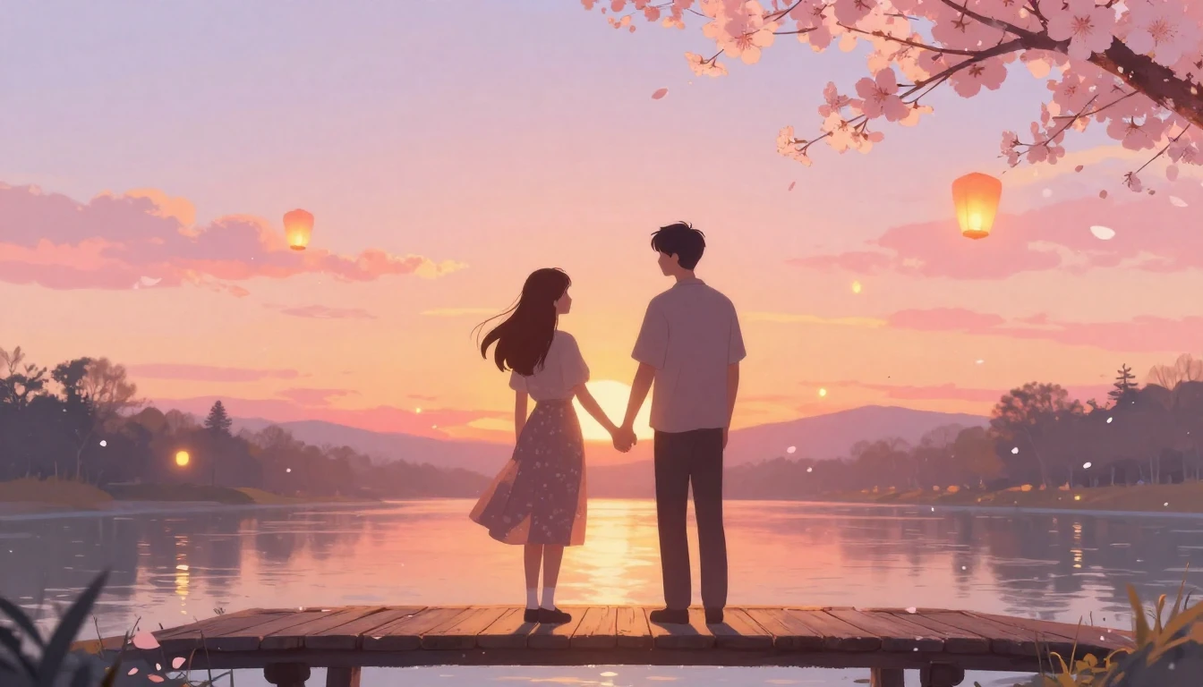 A romantic and cozy atmosphere featuring two stylized silhou...