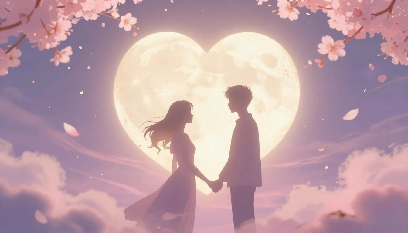 A romantic, dreamy composition featuring two abstract silhou...