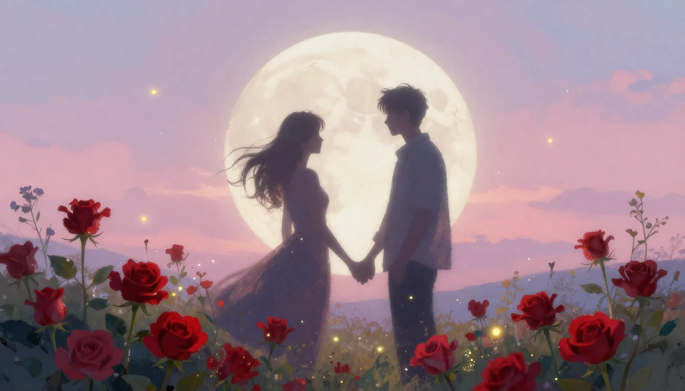 A soft and dreamy romantic scene featuring two silhouettes h...