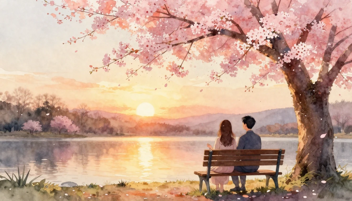 A romantic watercolor painting of a couple sitting closely o...