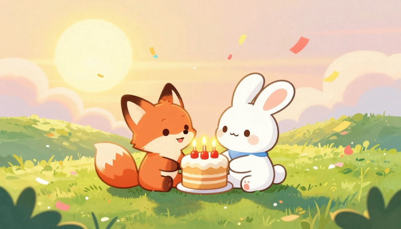 A beautiful celebration scene with two cute animal friends, ...