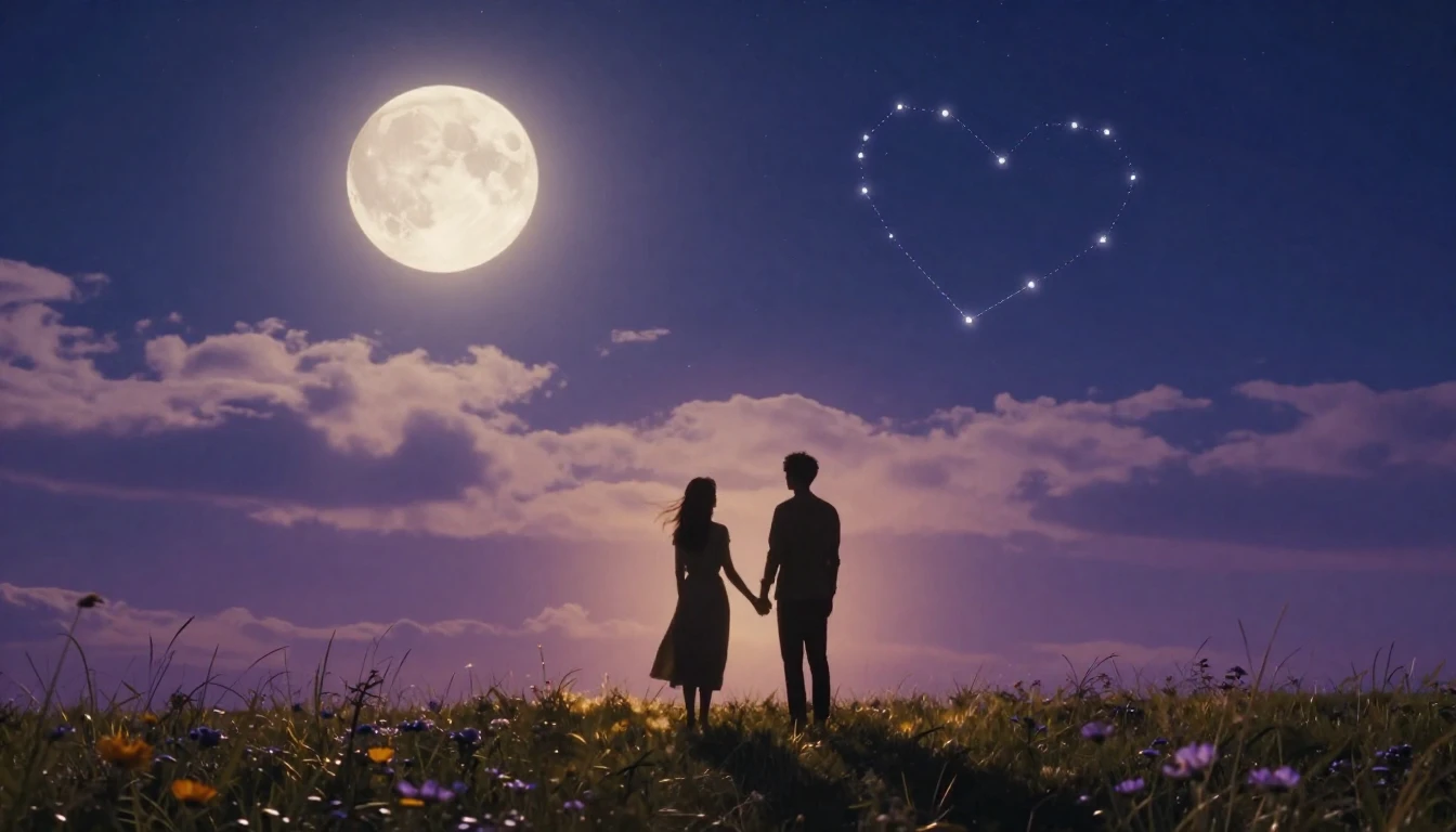 A romantic and dreamy scene featuring two silhouette figures...