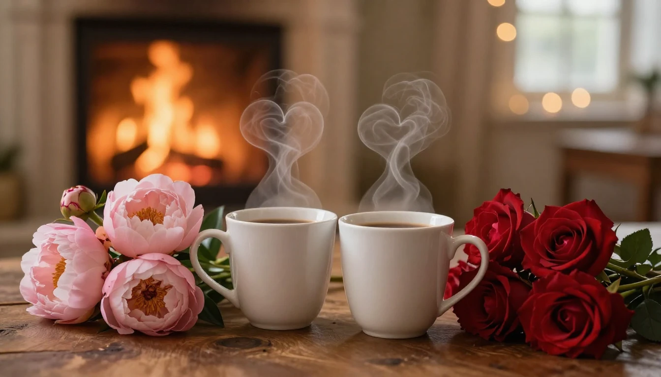 A romantic and cozy scene featuring two elegant coffee mugs ...
