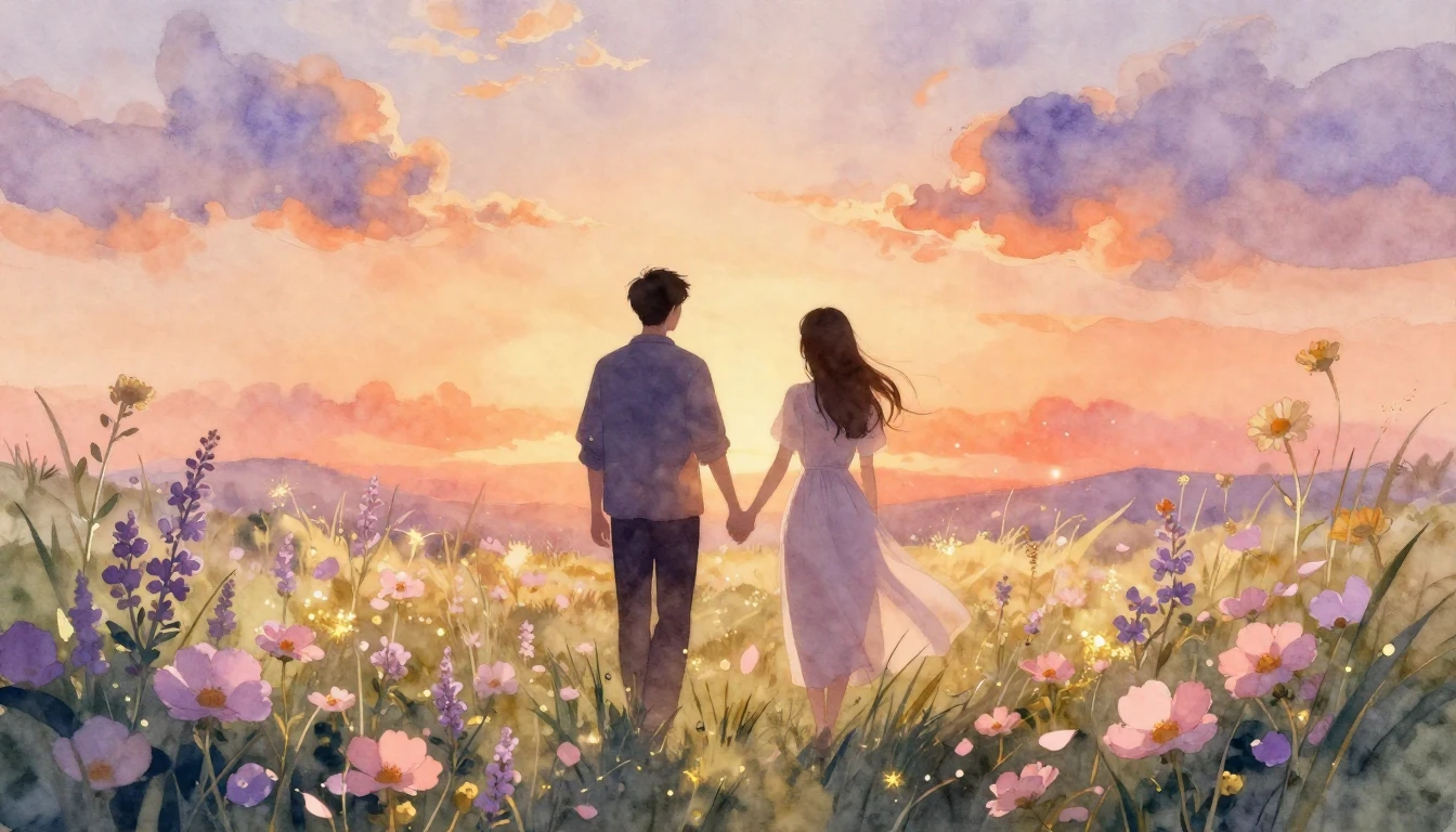 A beautiful and romantic scene in soft watercolor style. Two...