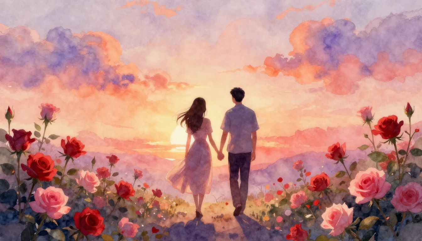 A soft and dreamy watercolor painting depicting two silhouet...