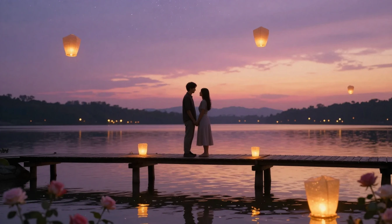 A dreamy and romantic scene featuring two soft silhouettes o...
