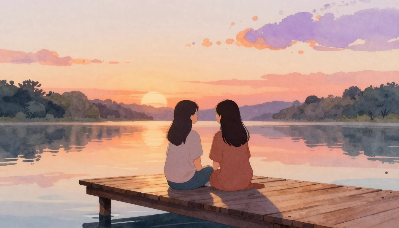 A warm and cozy watercolor illustration of two friends sitti...