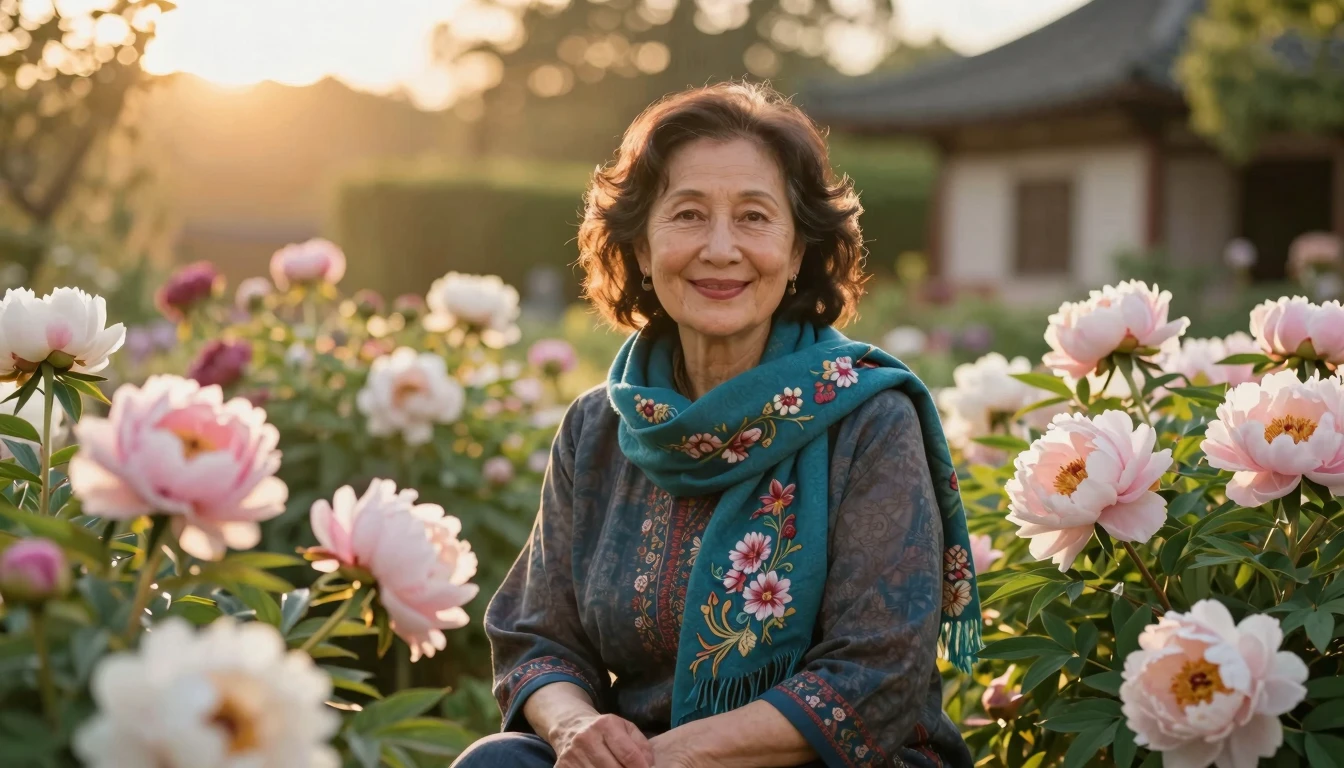 A beautiful, elegant middle-aged woman sitting in a lush, su...
