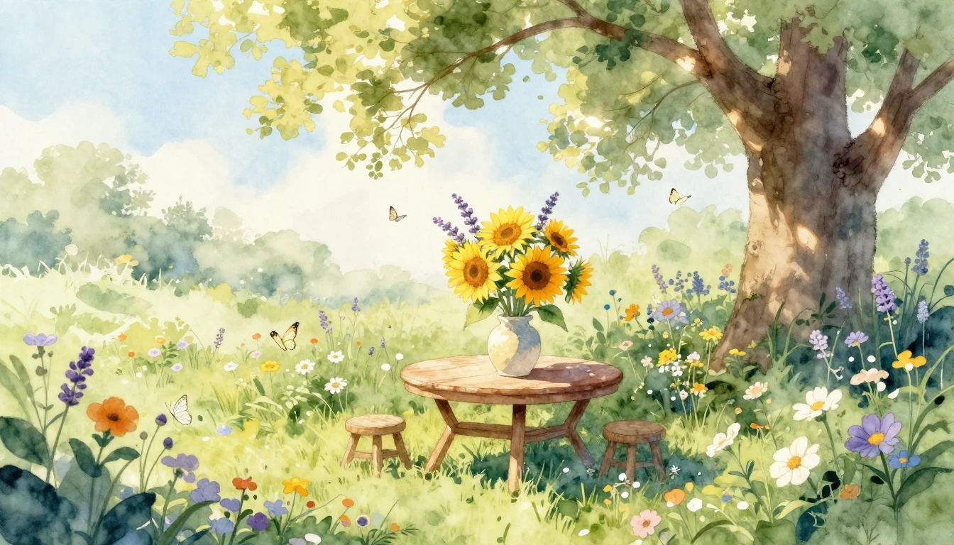 A beautiful, soft watercolor illustration of a sunny garden ...