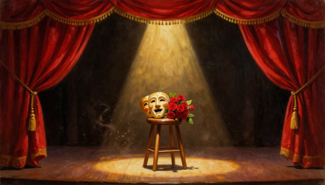 A dramatic and expressive oil painting of a theater stage. H...