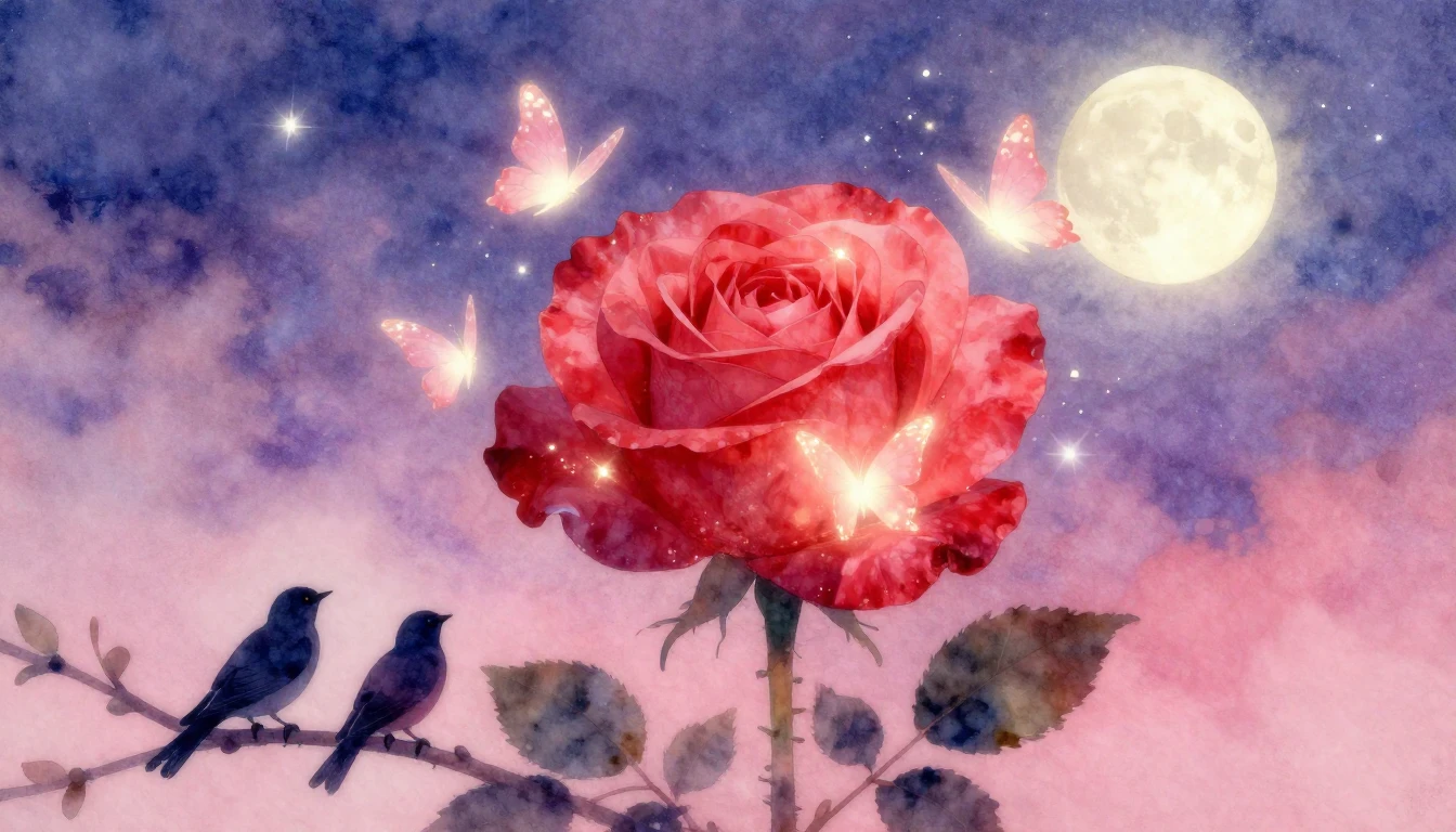 A soft, dreamy watercolor painting depicting a large, glowin...