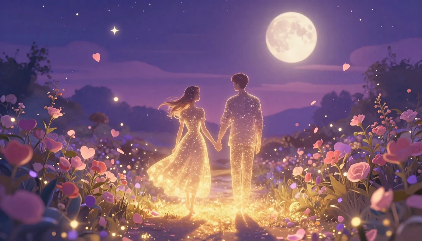 A romantic and surreal scene depicting a couple holding hand...