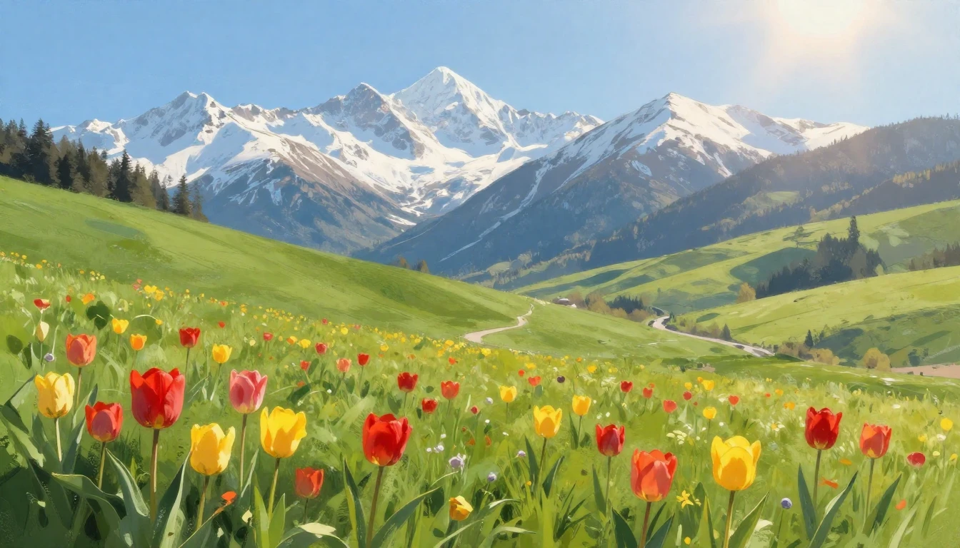 A beautiful spring landscape featuring lush green rolling hi...