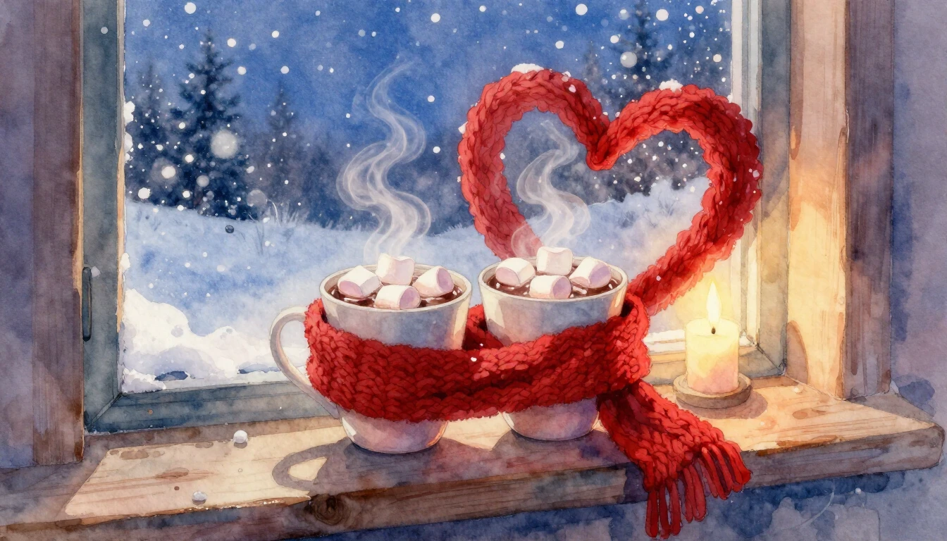 A romantic and soft watercolor painting depicting a cozy win...