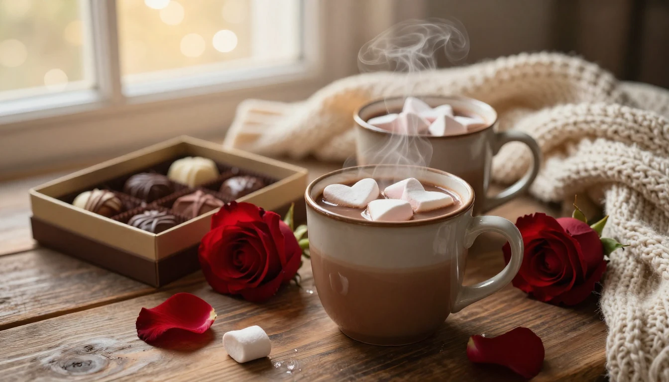 A cozy and romantic Valentine's Day setting on a rustic wood...