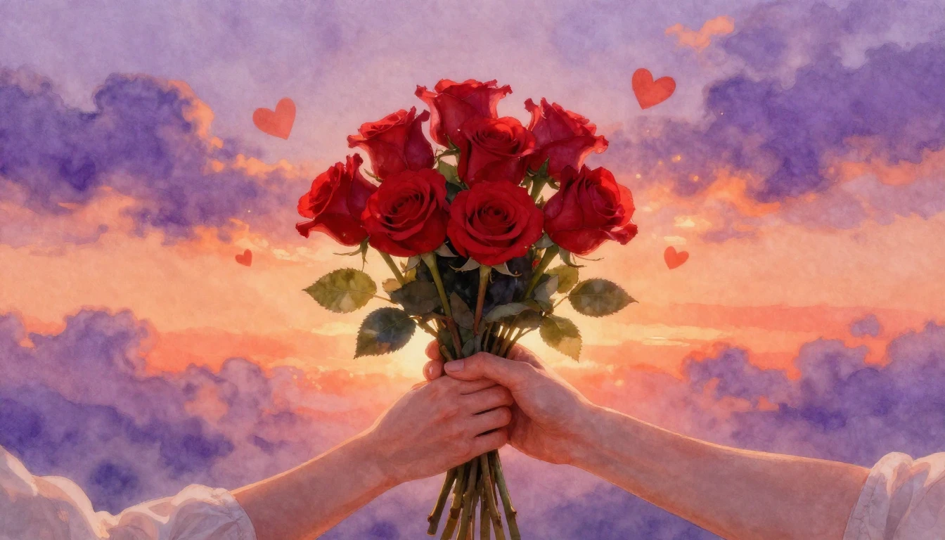 A romantic and dreamy watercolor painting depicting a pair o...