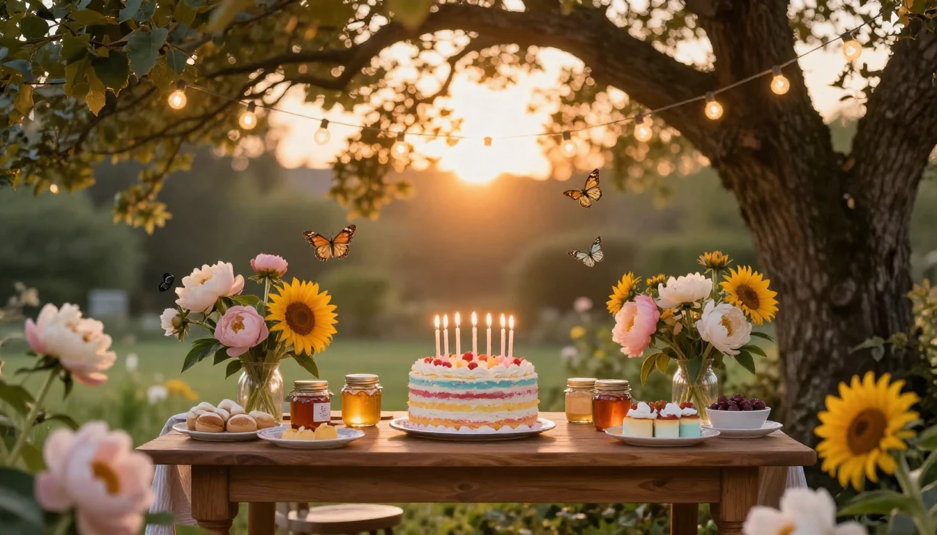 A warm and inviting scene of a cozy outdoor garden party at ...