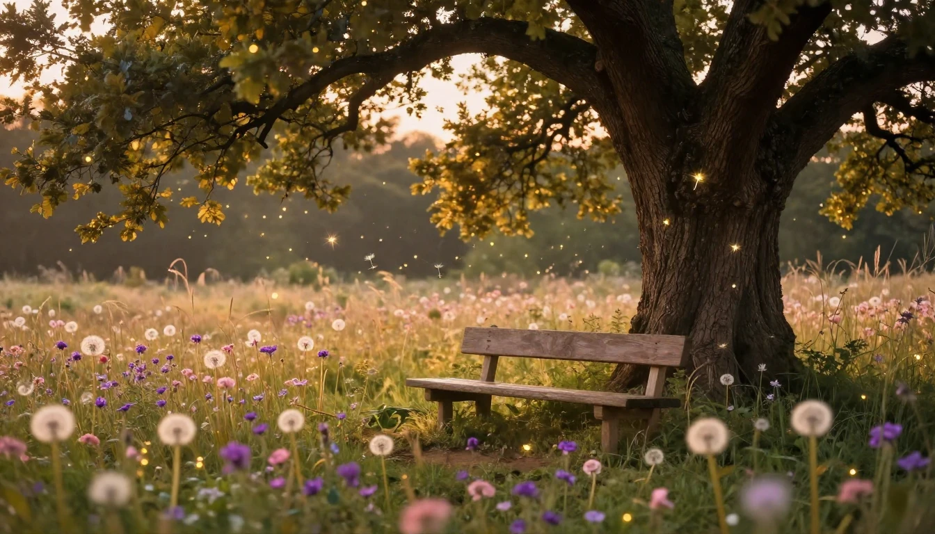 A serene and magical meadow at golden hour, where soft amber...