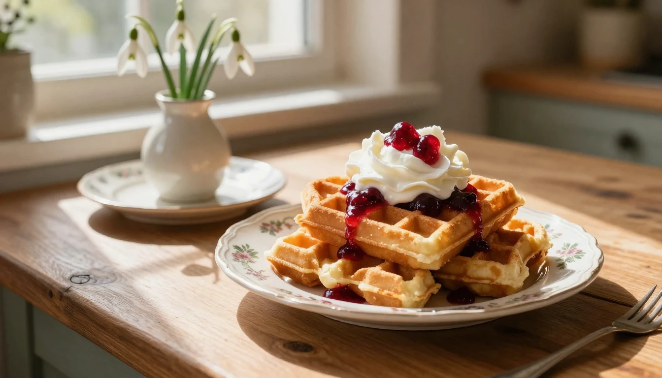 A cozy, sunlit rustic kitchen setting in early spring. A rus...