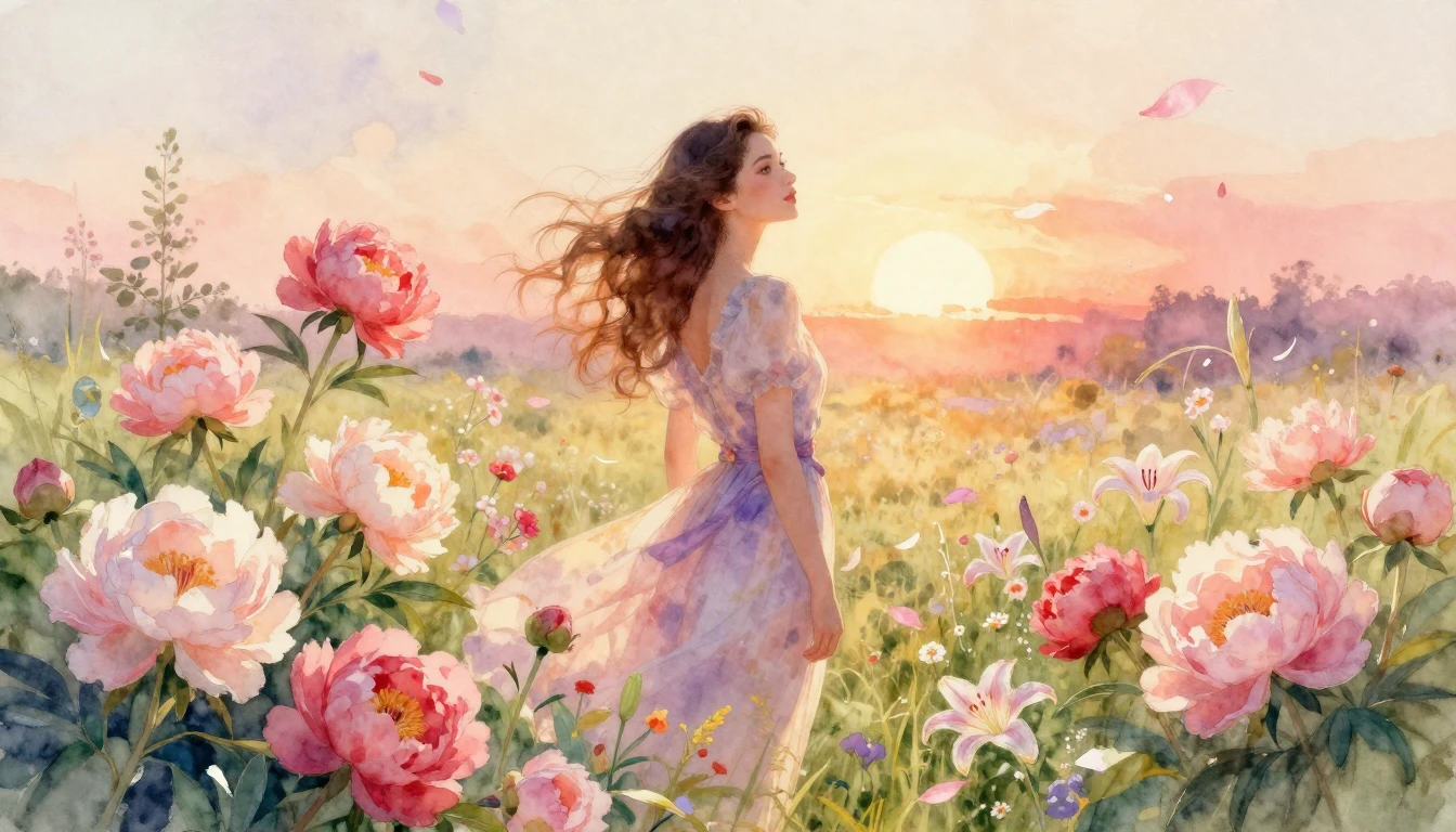 A breathtaking watercolor painting of a graceful woman stand...