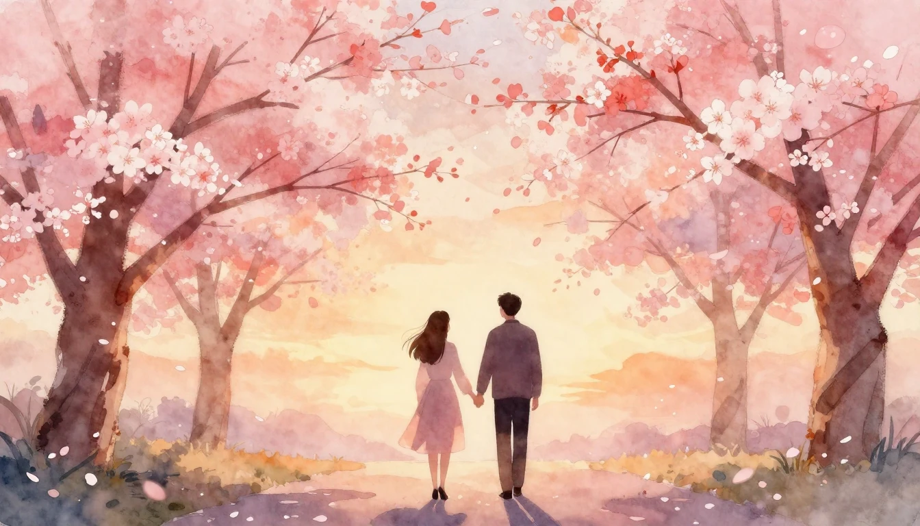 A soft and romantic watercolor painting depicting a silhouet...