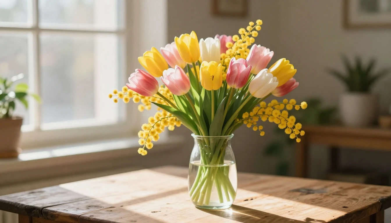 A vibrant and elegant spring bouquet of colorful tulips and ...