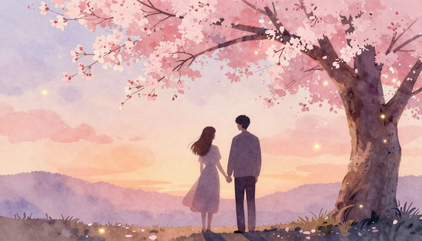 A romantic and ethereal watercolor illustration of two silho...