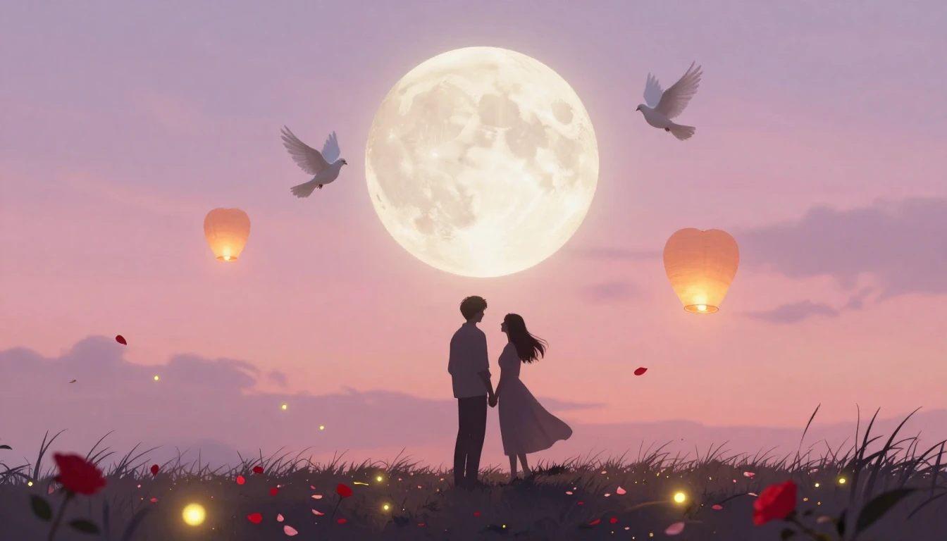A dreamy and soft romantic scene featuring silhouettes of a ...