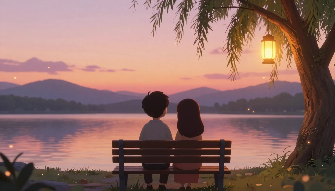 A romantic and cozy scene of two stylized figures sitting cl...