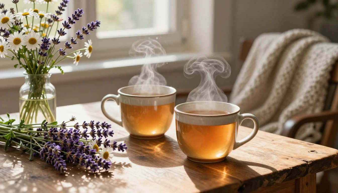 A cozy and heartwarming scene featuring two steaming ceramic...