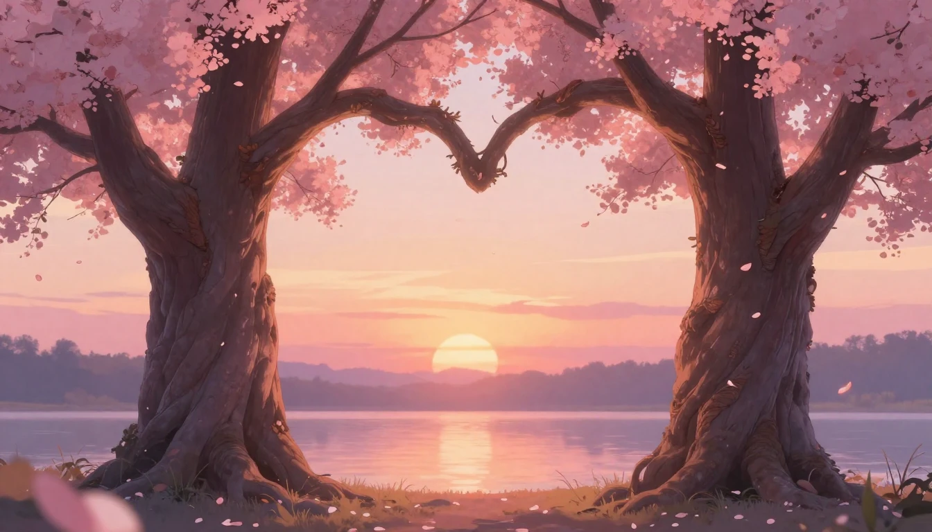 A romantic and soft artistic composition featuring two large...