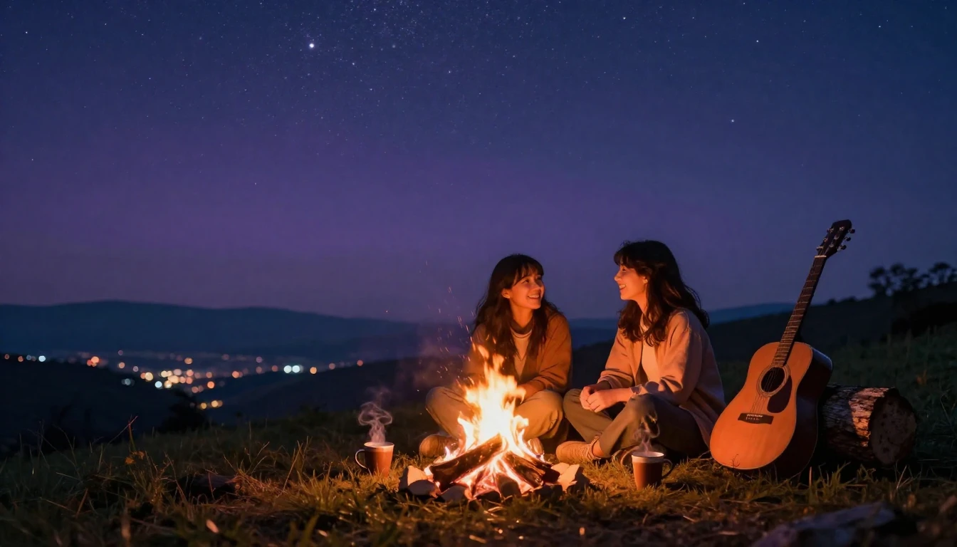 A heartwarming scene of two best friends sitting by a glowin...