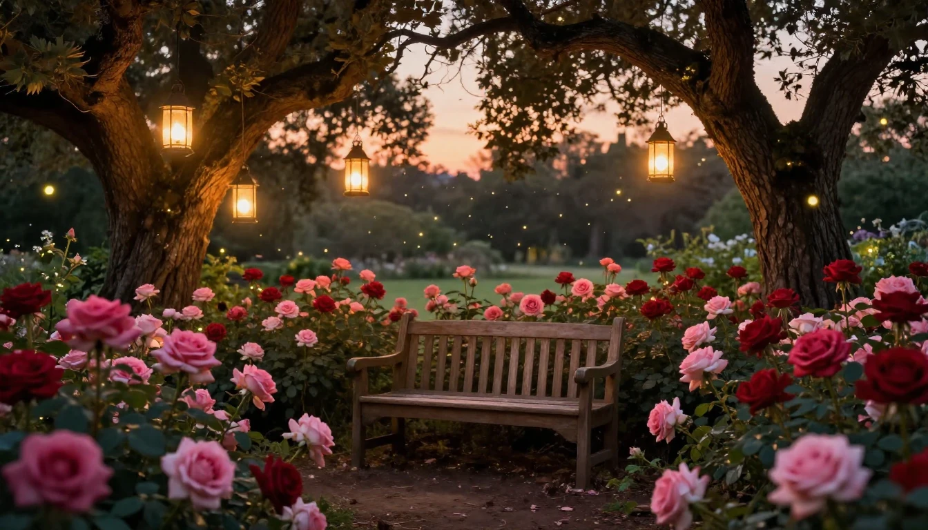 A romantic and ethereal garden scene at dusk, filled with so...