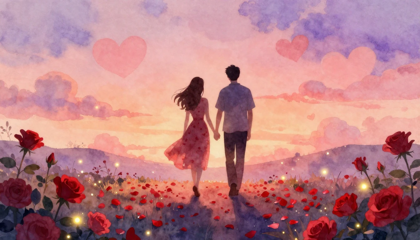 A romantic and dreamy watercolor landscape featuring two sof...