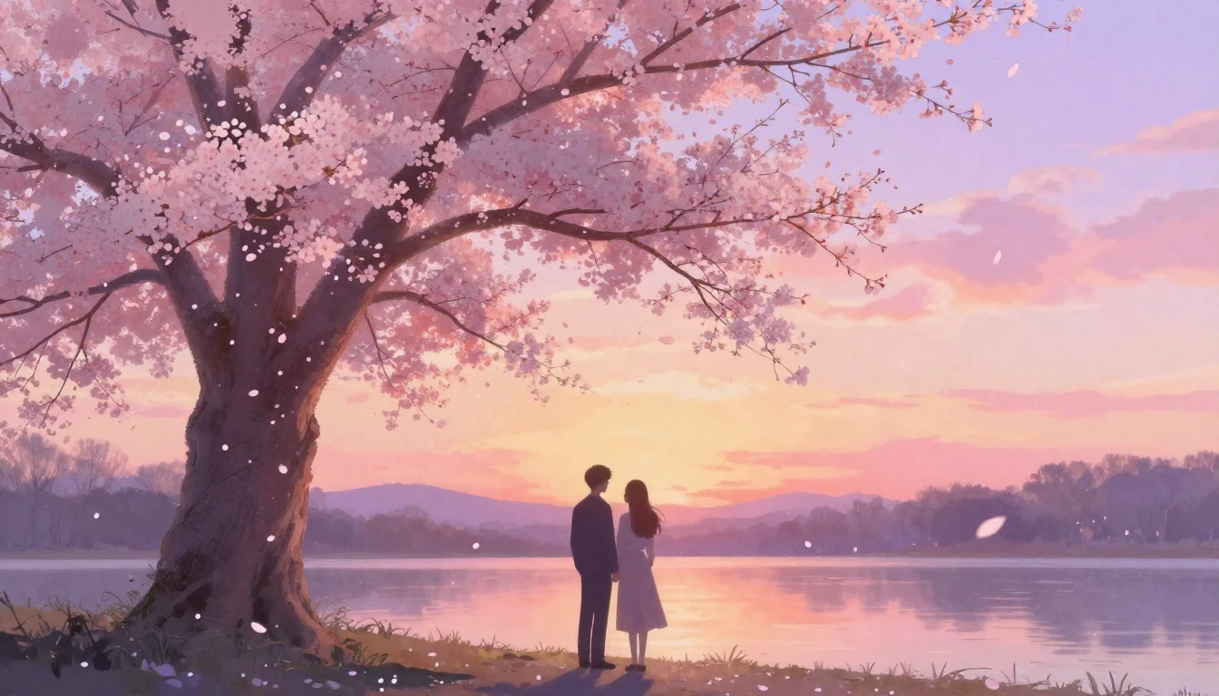 A romantic and dreamlike scene of two silhouettes standing u...