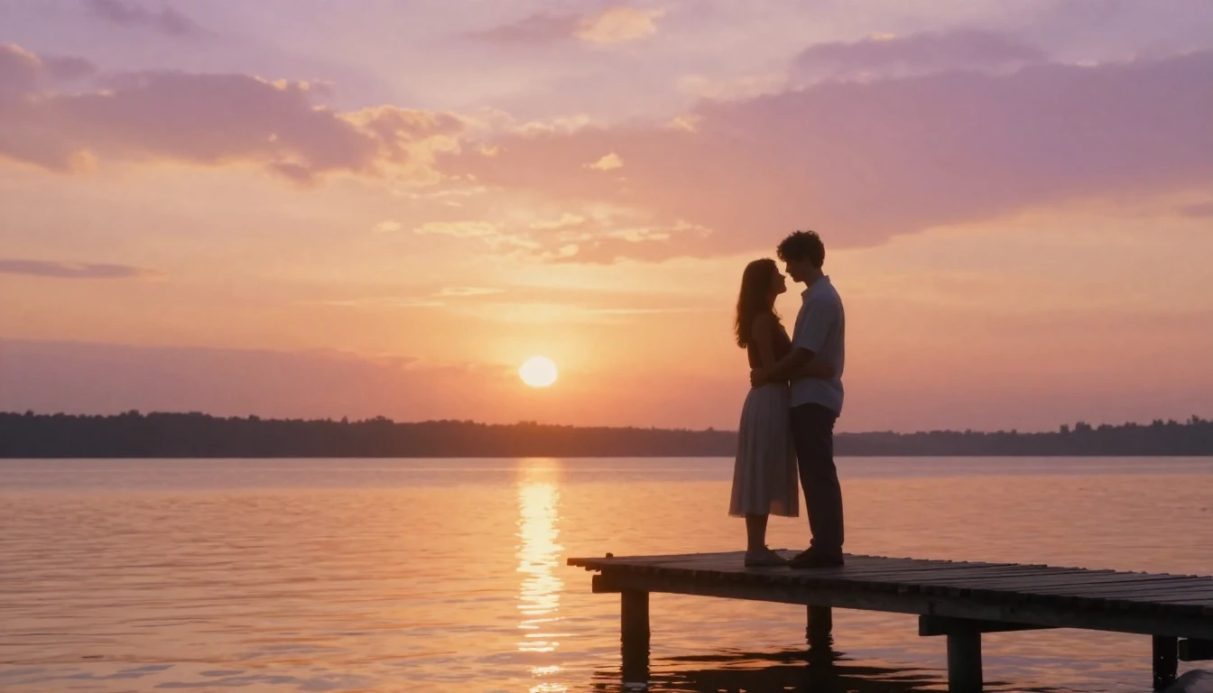 A romantic and tender scene of a couple standing on a rustic...