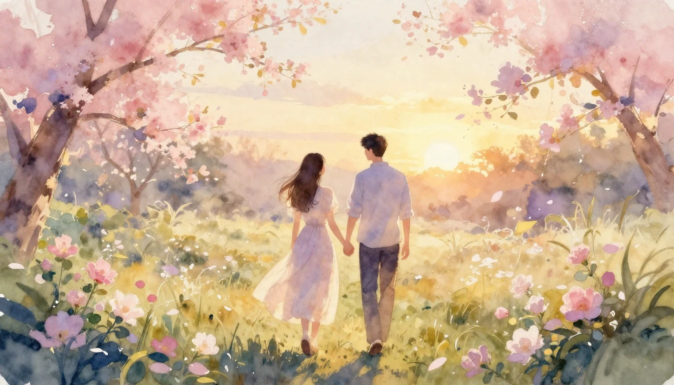 A romantic and soft watercolor painting of a couple walking ...