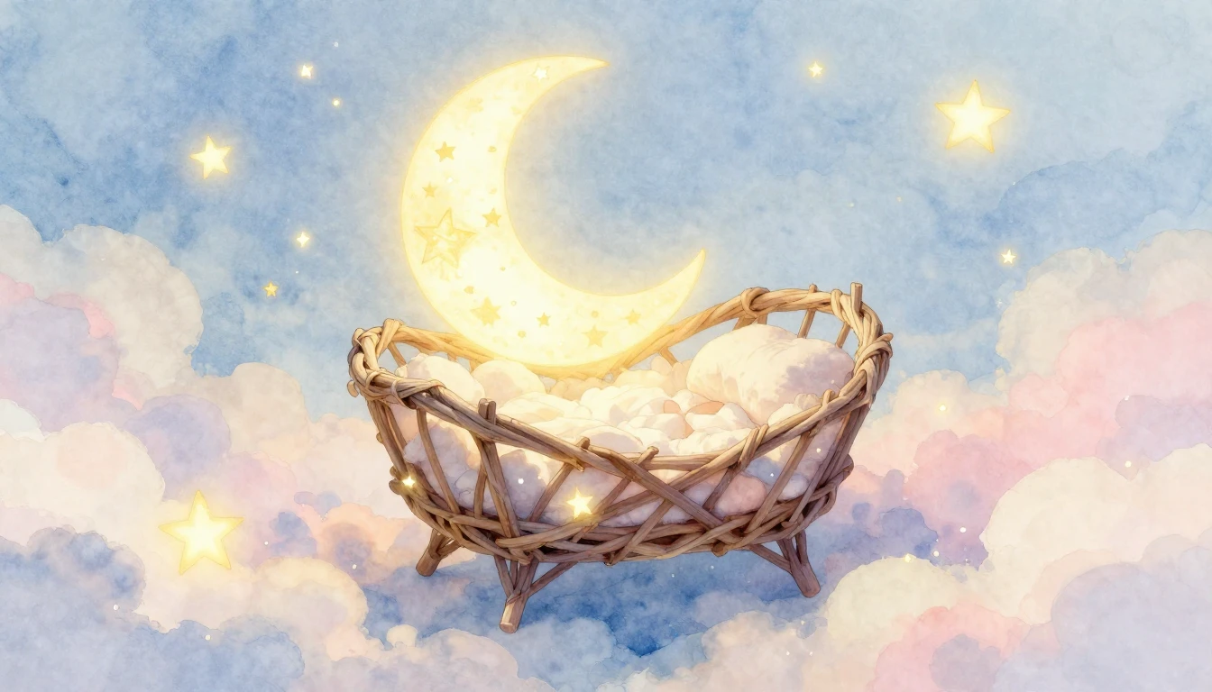 A gentle, dreamy nursery scene featuring a cradle made of so...