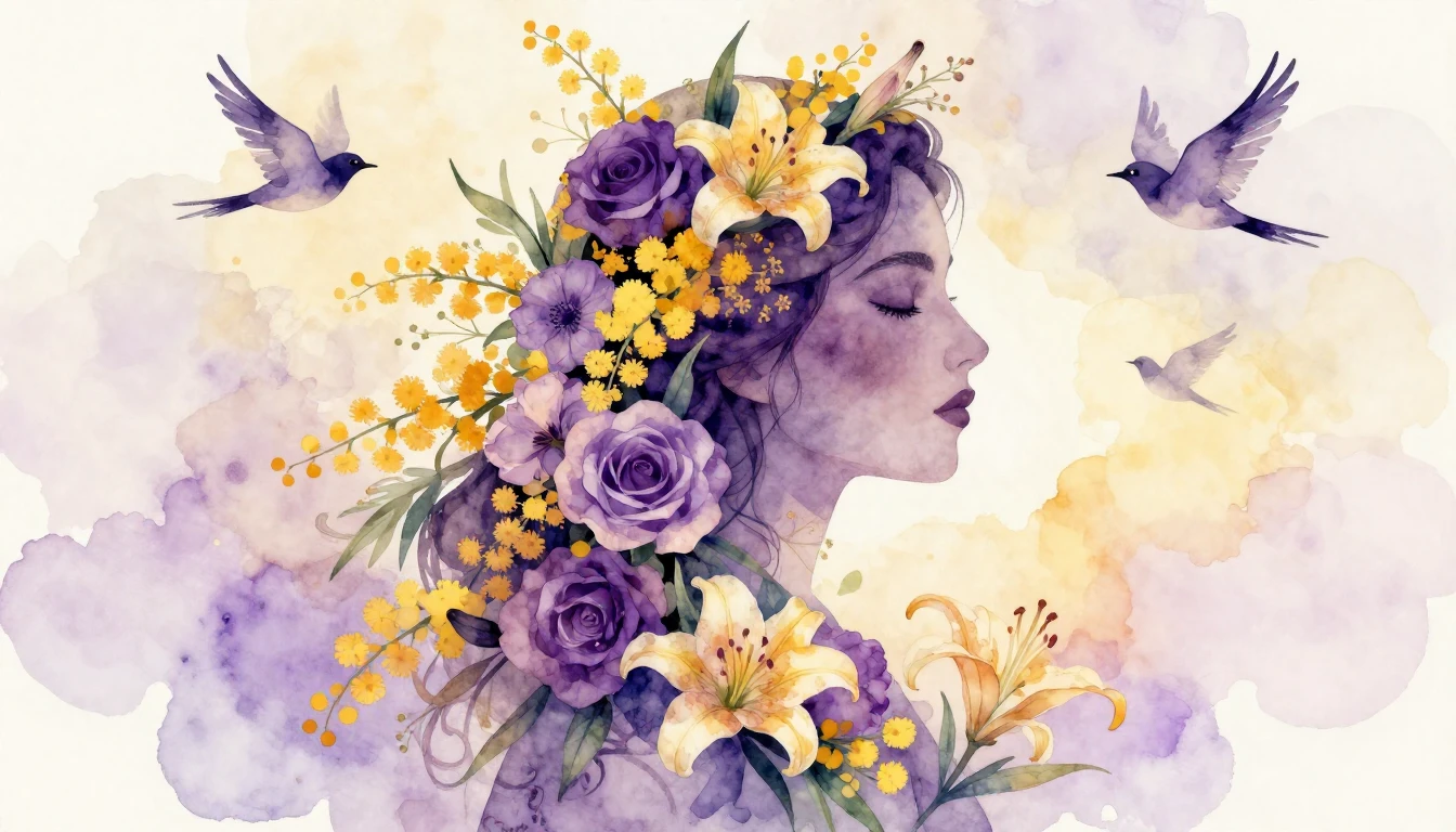 An artistic watercolor illustration featuring a stylized, ab...