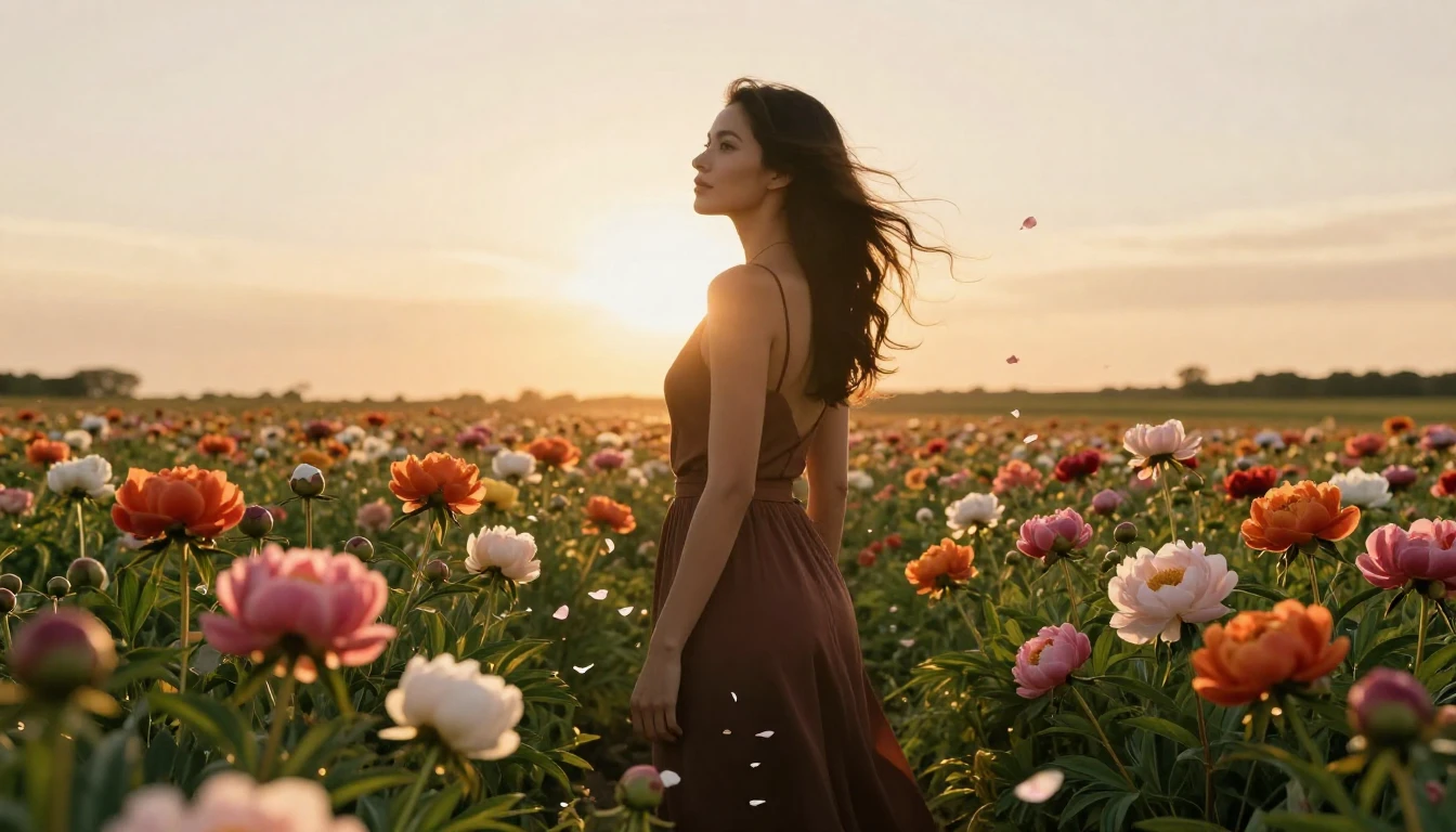 A powerful and elegant woman standing in a vast field of vib...