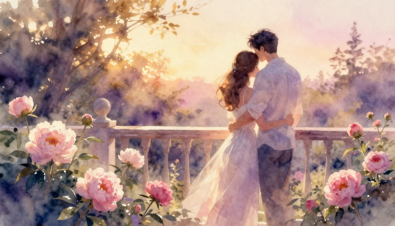 A romantic and ethereal watercolor painting of a couple stan...