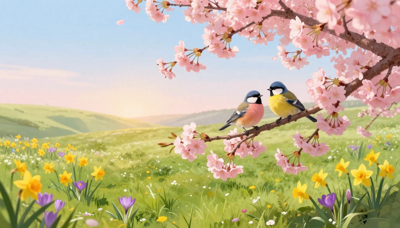 A beautiful and serene spring landscape composed in a soft a...