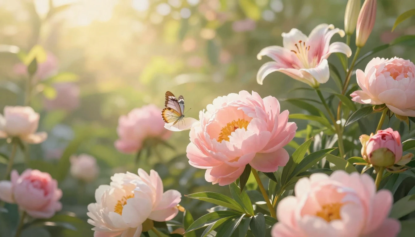 A warm and serene scene of a beautiful sun-drenched garden f...