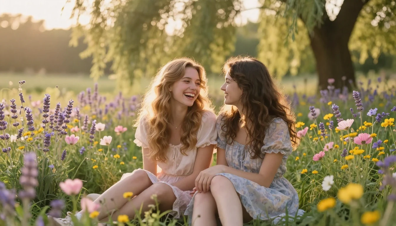 Two best friends sitting closely together on a lush, sun-dre...