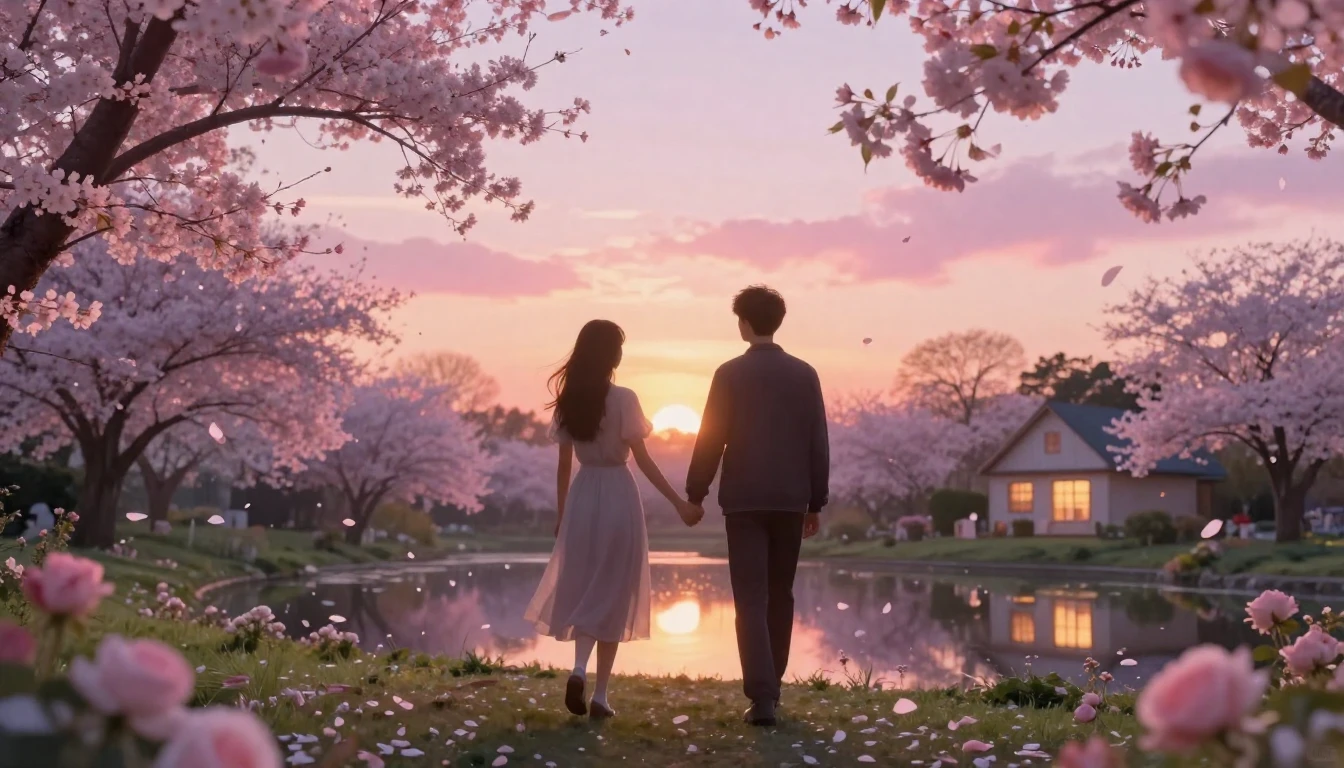 A romantic and ethereal scene featuring two silhouettes walk...